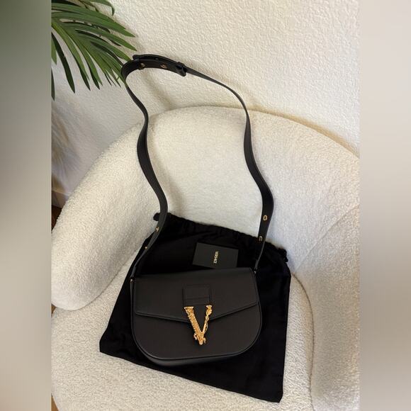 Versace Virtus Black Leather Shoulder Crossbody Bag NWT - Picture 9 of 12